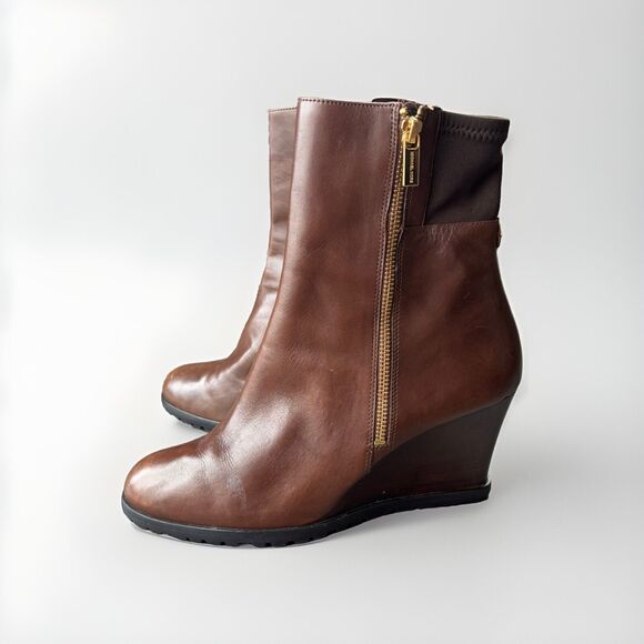 Michael Kors Aileen Wedge Boots Size 10 Brown Leather Double Zip - Picture 1 of 10